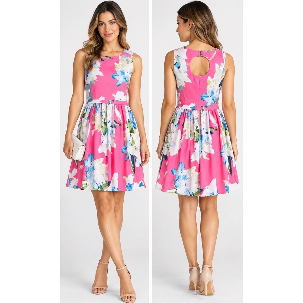 CeCe Pink Floral Sleeveless Fit and Flare Dress Keyhole Back Size 4